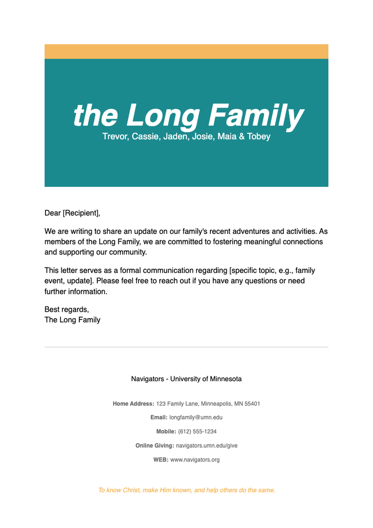 Personalized family letterhead with teal header and Navigators University of Minnesota footer_variant_3
